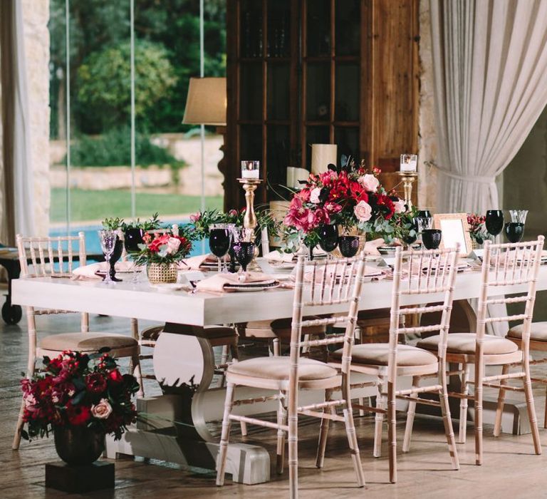 Luxury Table Decor with Red and Black Flowers and Tableware