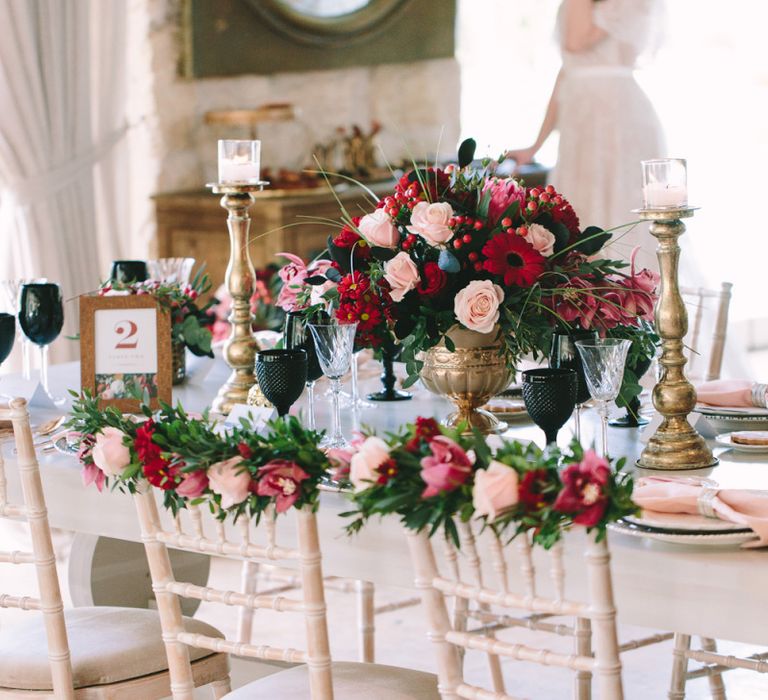 Pink and Red Floral Centrepiece and Chair Back Decorations