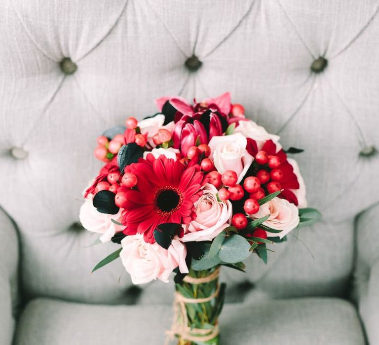 Pink and Red Wedding Bouquet with Gerberas and Roses