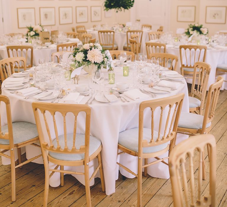 Table Settings.A Quintessentially British Venue at Cambridge Cottage, Royal Botanic Gardens Kew. Bride Wears Paloma Blanca from Pure Couture Bridal and Groom Wears Tailored Suit from Hackett London.