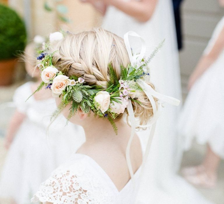 Pink rose and foliage flower girl crown