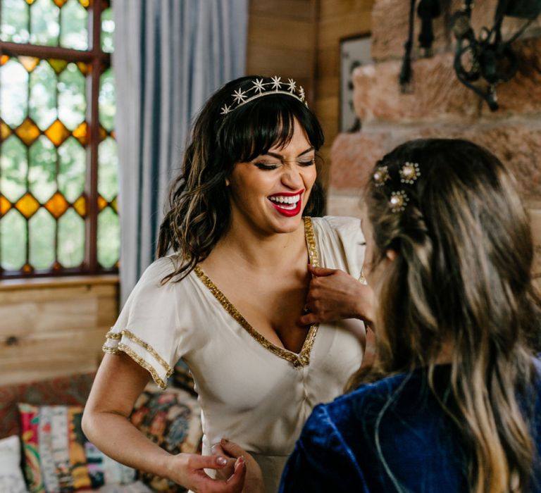 Bride in Vintage Wedding Dress, Gold Crown and Red Lipstick