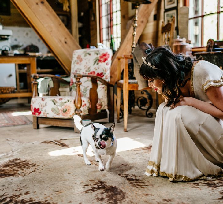 Bride in Vintage Wedding Dress and Bridal Crown with Pet Dog