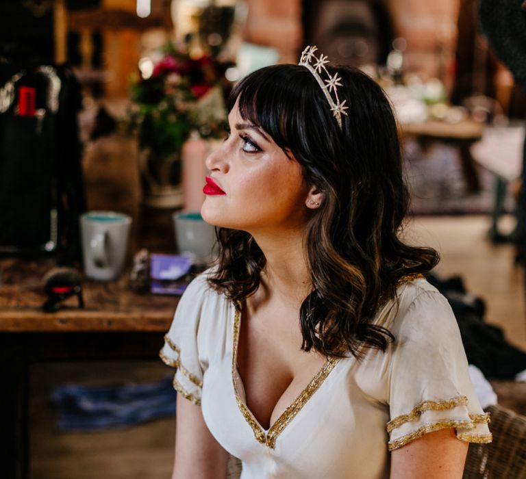 Beautiful Bride with Wavy Hair and Bridal Crown, with Red Lipstick, wearing a Vintage Wedding Dress-039