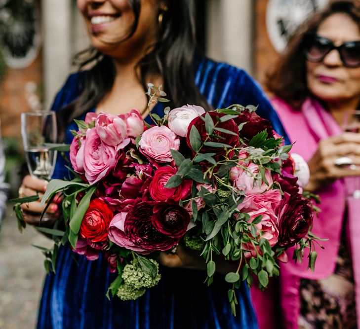 Deep Red and Pink Bridesmaid Bouquets with Foliage