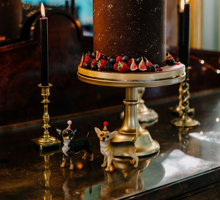 Two Tier Chocolate Covered Wedding Cake on Gold Cake Stand