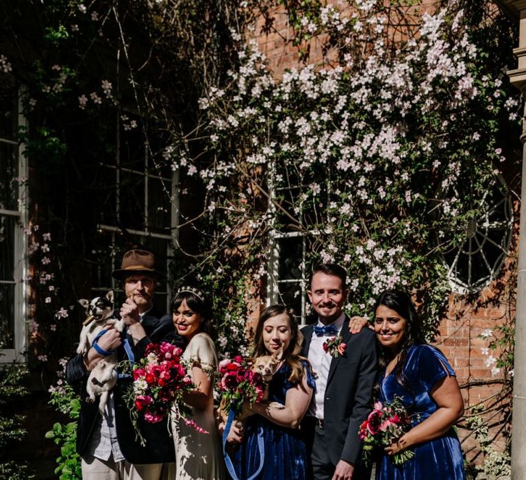 Wedding Party Portrait with Bridesmaids in Blue Velvet Dresses and Red Shoes, Bride in Vintage Wedding Dress and Groomsmen in Trousers and Blazers084