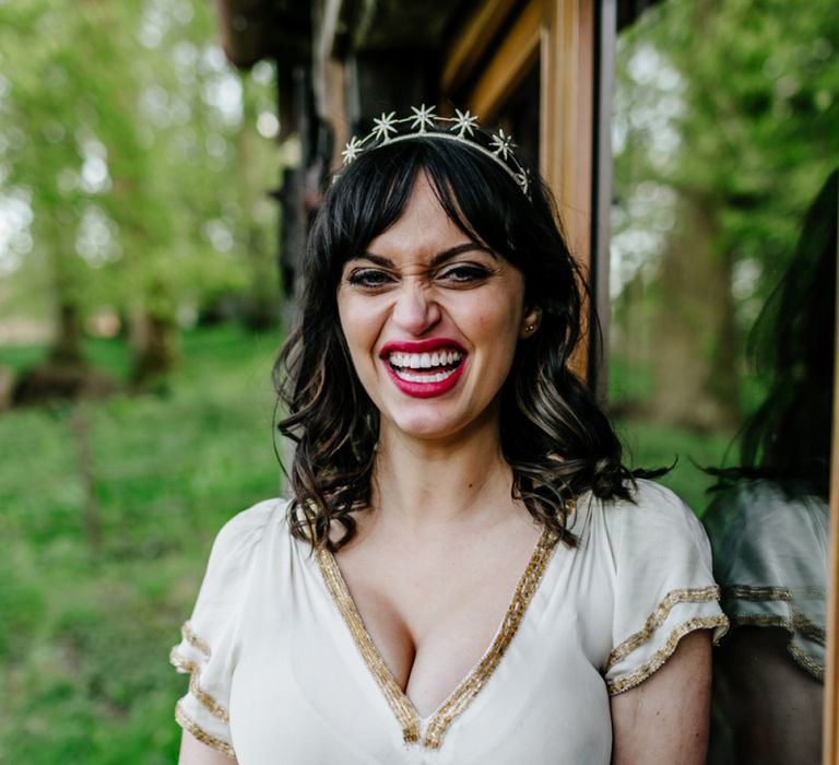 Smily Bride in Vintage Wedding Dress with Gold Trim  and Cap Sleeves