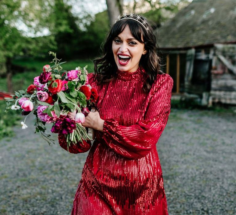 Stylish Bride in Sequin Red Evening Dress Holding a Red and Pink Wedding Bouquet25