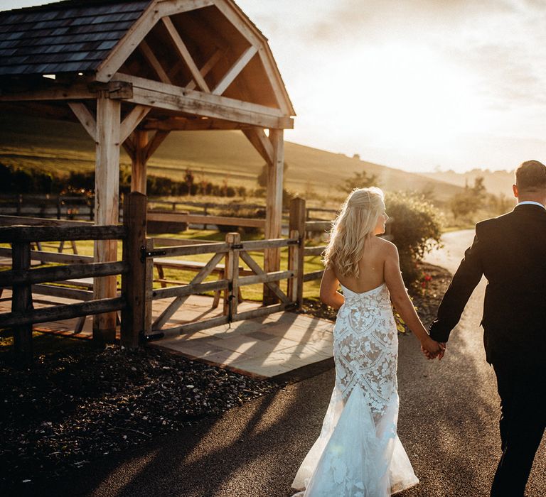 Strapless wedding dress for bride at Long Furlong Barn