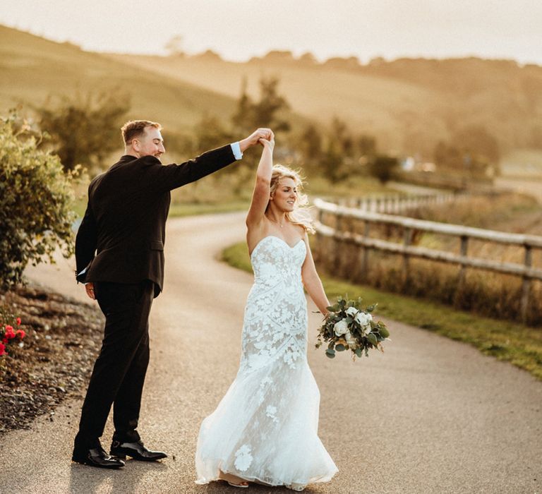 Lace detail strapless wedding dress