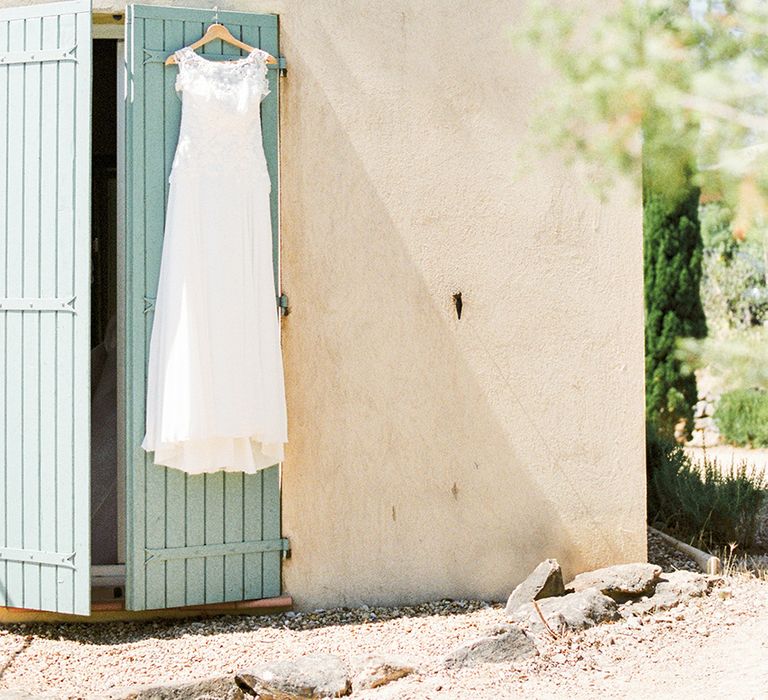 Lace Wedding Dress | Outdoor Wedding at Commanderie de Peyrassol, Provence, France Styled by La Chuchoteuse | Lace Bridal Gown | Black Tie Suit | Rustic Stretch Tent Reception | Raisa Zwart Photography