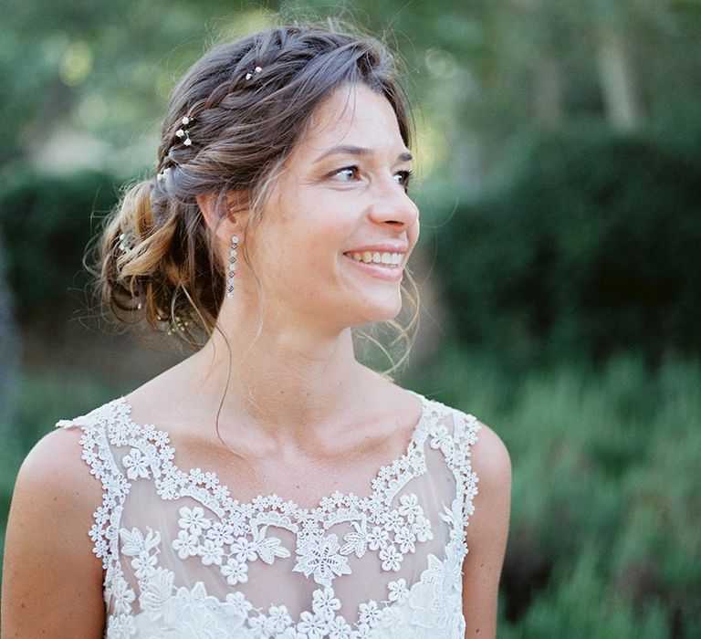 Elegant Bride in Lace Wedding Dress | Bridal Braid | Outdoor Wedding at Commanderie de Peyrassol, Provence, France Styled by La Chuchoteuse | Lace Bridal Gown | Black Tie Suit | Rustic Stretch Tent Reception | Raisa Zwart Photography