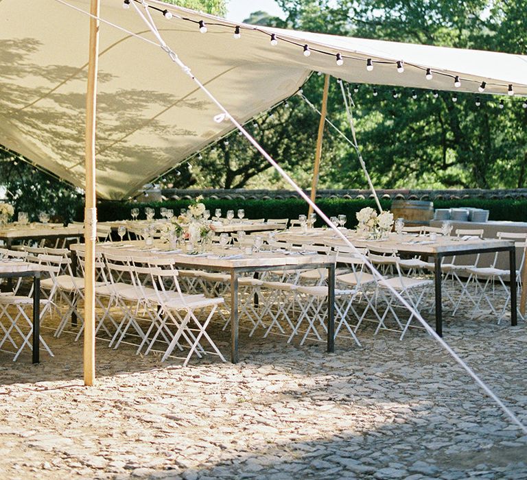 Stretch Tent Wedding Reception | Outdoor Wedding at Commanderie de Peyrassol, Provence, France Styled by La Chuchoteuse | Lace Bridal Gown | Black Tie Suit | Rustic Stretch Tent Reception | Raisa Zwart Photography