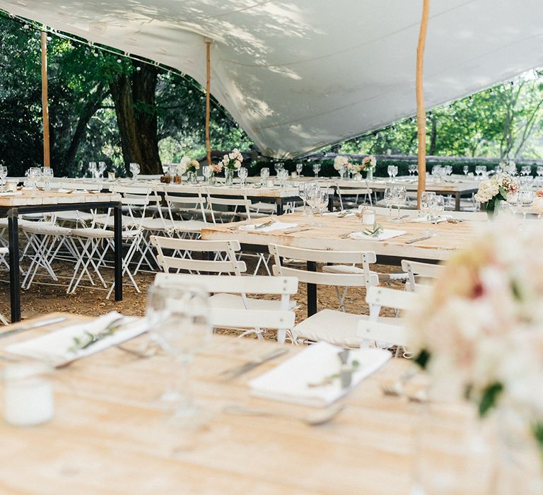 Stretch Tent Wedding Reception | Outdoor Wedding at Commanderie de Peyrassol, Provence, France Styled by La Chuchoteuse | Lace Bridal Gown | Black Tie Suit | Rustic Stretch Tent Reception | Raisa Zwart Photography