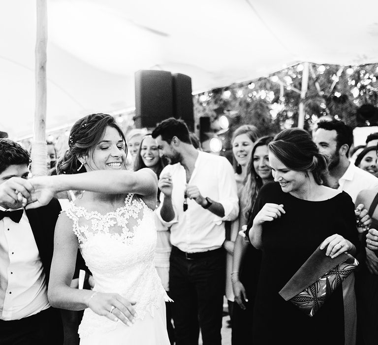 Elegant Bride in Lace Wedding Dress | Groom in Black Tie Suit | Outdoor Wedding at Commanderie de Peyrassol, Provence, France Styled by La Chuchoteuse | Lace Bridal Gown | Black Tie Suit | Rustic Stretch Tent Reception | Raisa Zwart Photography