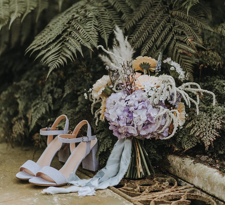 Bridal Accessories | Hydrangea Bouquet &amp; Blue Block Heel Shoes | Lavender, Peach &amp; Black Geek Chic Wedding at Swiss Garden Fernery &amp; Grotto, Shuttleworth | Planning &amp; Styling by Rose &amp; Dandy | Lola Rose Photography