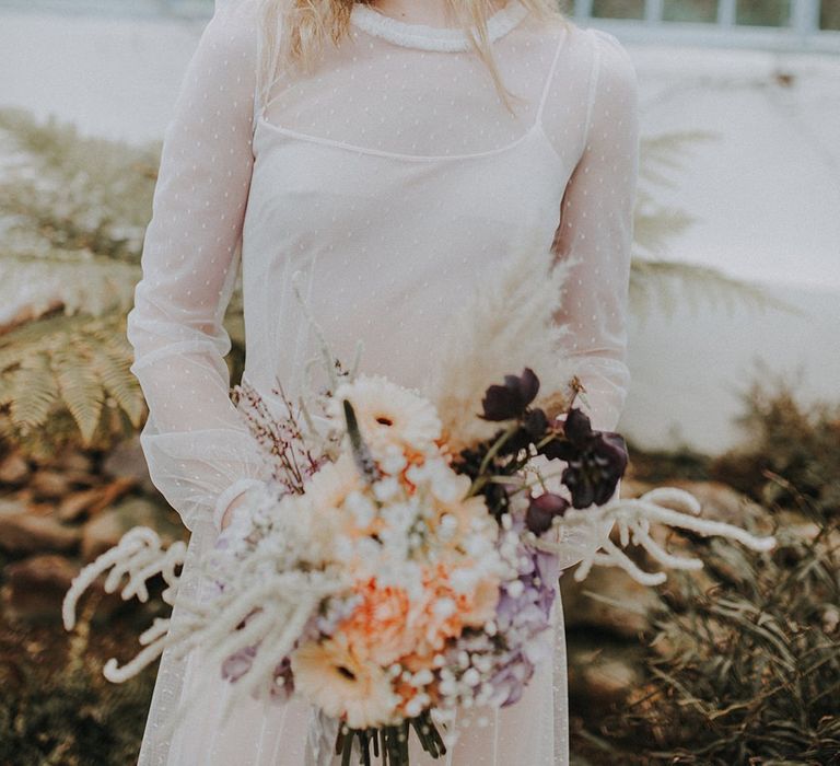 Bride in Glasses &amp; Muscat Bridal Gown | Pastel Bouquet with Gerbera's &amp; Hydrangeas | Lavender, Peach &amp; Black Geek Chic Wedding at Swiss Garden Fernery &amp; Grotto, Shuttleworth | Planning &amp; Styling by Rose &amp; Dandy | Lola Rose Photography