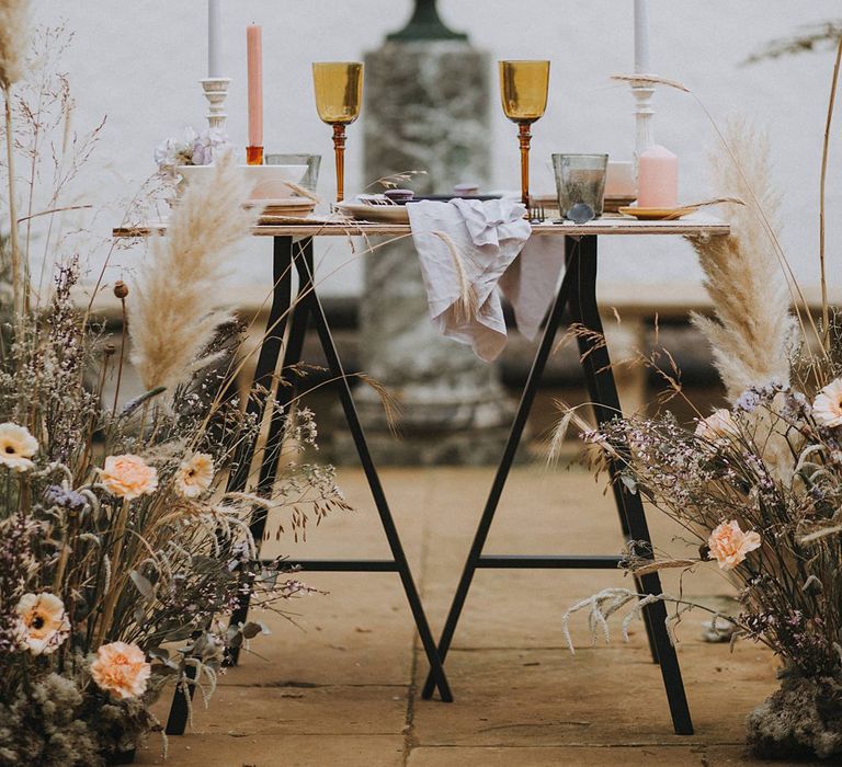 Tablescape | Hydrangea, Gerbera &amp; Pampas Grass Wedding Flowers | Lavender, Peach &amp; Black Geek Chic Wedding at Swiss Garden Fernery &amp; Grotto, Shuttleworth | Planning &amp; Styling by Rose &amp; Dandy | Lola Rose Photography