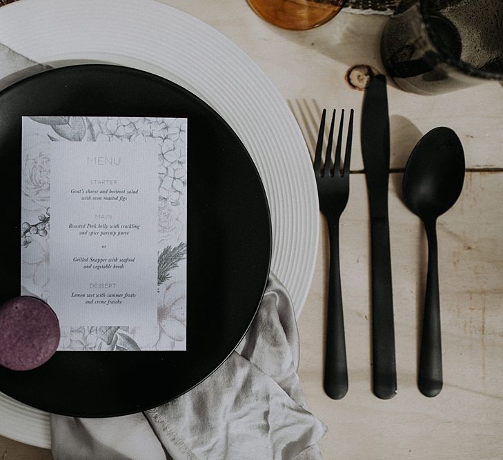 Elegant Place Setting with Folly &amp; Gander Menu Card | Lavender, Peach &amp; Black Geek Chic Wedding at Swiss Garden Fernery &amp; Grotto, Shuttleworth | Planning &amp; Styling by Rose &amp; Dandy | Lola Rose Photography