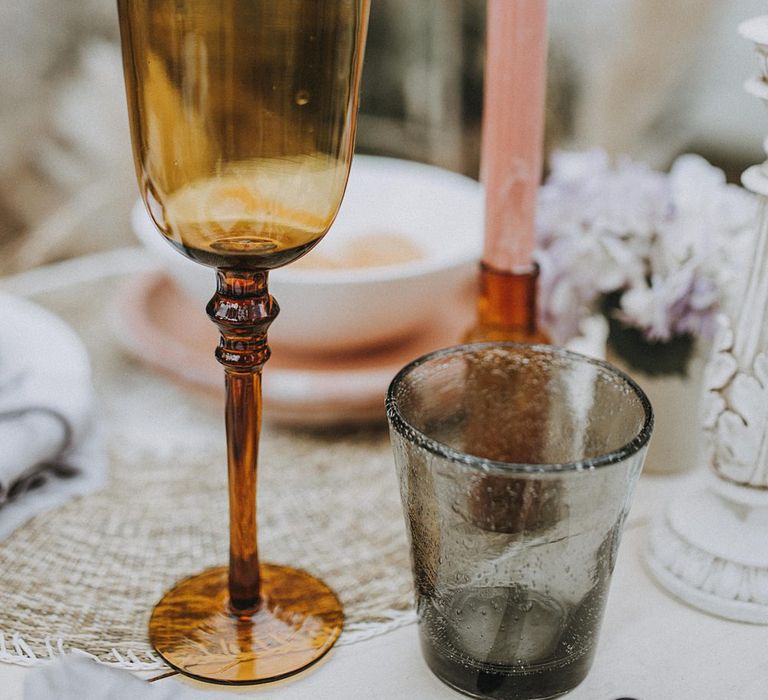 Elegant Table scape with Coloured Goblets, Taper Candes &amp; Platters | Lavender, Peach &amp; Black Geek Chic Wedding at Swiss Garden Fernery &amp; Grotto, Shuttleworth | Planning &amp; Styling by Rose &amp; Dandy | Lola Rose Photography