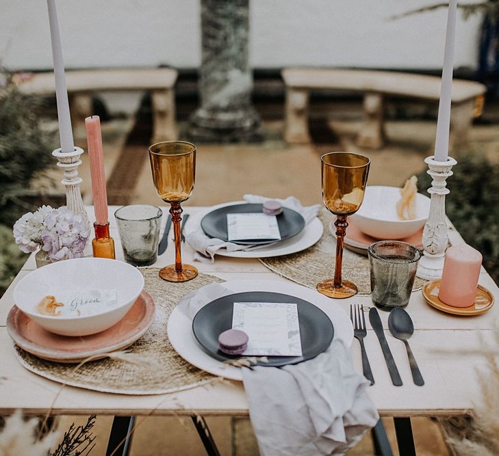 Elegant Table scape with Coloured Goblets, Taper Candes &amp; Platters | Lavender, Peach &amp; Black Geek Chic Wedding at Swiss Garden Fernery &amp; Grotto, Shuttleworth | Planning &amp; Styling by Rose &amp; Dandy | Lola Rose Photography