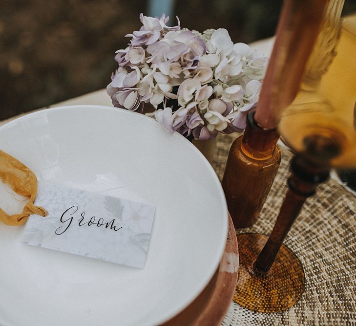 Place Setting with Folly &amp; Gander Name Place Card | Lavender, Peach &amp; Black Geek Chic Wedding at Swiss Garden Fernery &amp; Grotto, Shuttleworth | Planning &amp; Styling by Rose &amp; Dandy | Lola Rose Photography