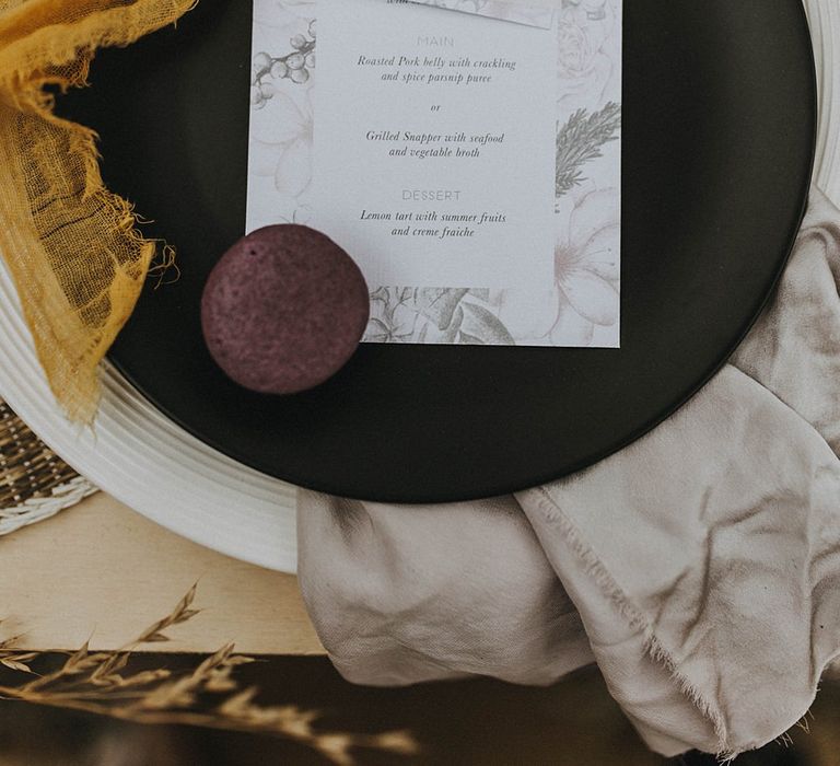 Place Setting with Folly &amp; Gander Name Place Card &amp; Menu | Lavender, Peach &amp; Black Geek Chic Wedding at Swiss Garden Fernery &amp; Grotto, Shuttleworth | Planning &amp; Styling by Rose &amp; Dandy | Lola Rose Photography