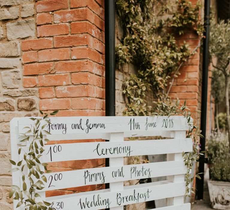 DIY White Painted Palette Order of The Day Sign | Wedding Decor | Millbridge Court, Surrey Wedding with DIY Decor, Foliage &amp; Giant Balloons | Nataly J Photography