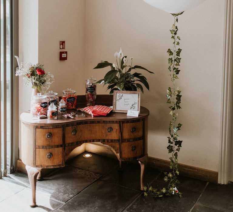 Vintage Dresser Sweet Station | Giant Balloon with Vine Decor | Wedding Decor | Millbridge Court, Surrey Wedding with DIY Decor, Foliage &amp; Giant Balloons | Nataly J Photography