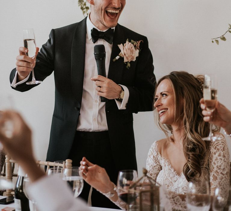 Wedding Breakfast Speeches | Groom in Tuxedo | Millbridge Court, Surrey Wedding with DIY Decor, Foliage &amp; Giant Balloons | Nataly J Photography