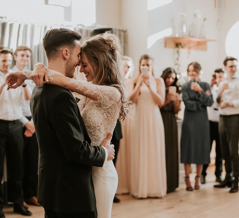 First Dance | Bride in Madison James Bridal Gown | Groom in Tuxedo | Millbridge Court, Surrey Wedding with DIY Decor, Foliage &amp; Giant Balloons | Nataly J Photography