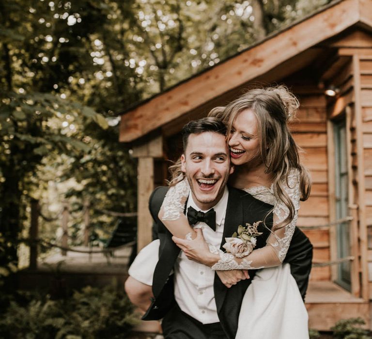 Bride in Madison James Bridal Gown | Groom in Tuxedo | Millbridge Court, Surrey Wedding with DIY Decor, Foliage &amp; Giant Balloons | Nataly J Photography