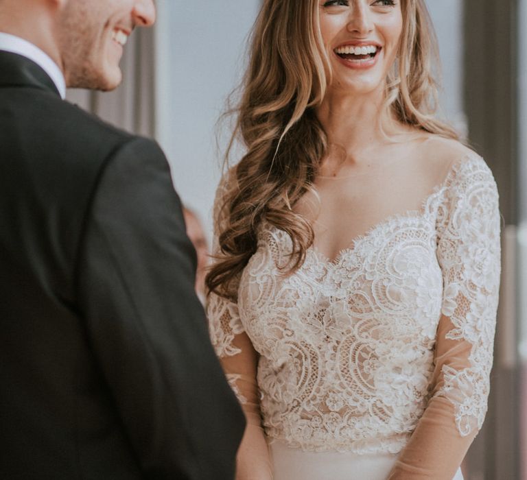 Wedding Ceremony | Bride in Madison James Bridal Gown | Groom in Tuxedo | Millbridge Court, Surrey Wedding with DIY Decor, Foliage &amp; Giant Balloons | Nataly J Photography