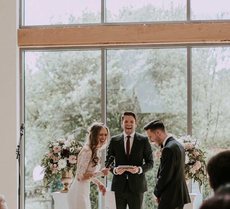 Wedding Ceremony Vows | Bride in Madison James Bridal Gown | Groom in Tuxedo | Millbridge Court, Surrey Wedding with DIY Decor, Foliage &amp; Giant Balloons | Nataly J Photography