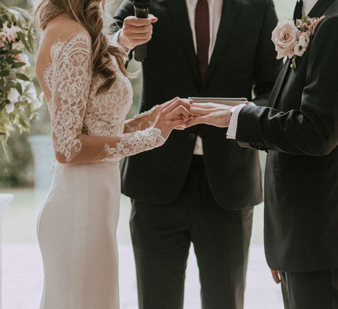 Wedding Ceremony | Bride in Madison James Bridal Gown | Groom in Tuxedo | Millbridge Court, Surrey Wedding with DIY Decor, Foliage &amp; Giant Balloons | Nataly J Photography