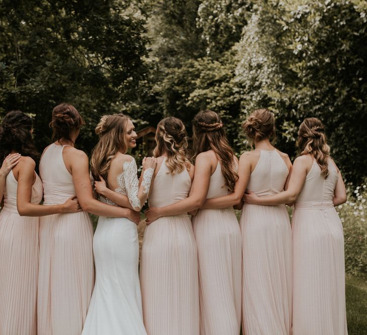 Bridal Party | Bridesmaids in Pink Pleated Dresses | Bride in Madison James Bridal Gown | Millbridge Court, Surrey Wedding with DIY Decor, Foliage &amp; Giant Balloons | Nataly J Photography