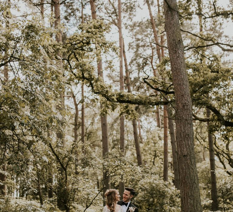 Woodland Portrait | Bride in Madison James Bridal Gown | Groom in Tuxedo | Millbridge Court, Surrey Wedding with DIY Decor, Foliage &amp; Giant Balloons | Nataly J Photography