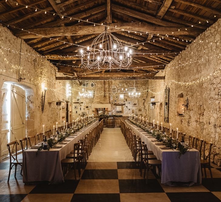 Tapered Candles, Grey Linen And Foliage Runner For Wedding // French Destination Wedding Bordeaux  Marry Me In France Suzanne Neville Bride Darek Smietana Photography