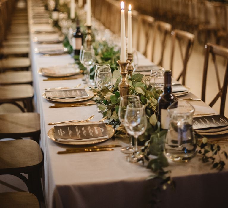 Tapered Candles, Grey Linen And Foliage Runner For Wedding // French Destination Wedding Bordeaux  Marry Me In France Suzanne Neville Bride Darek Smietana Photography