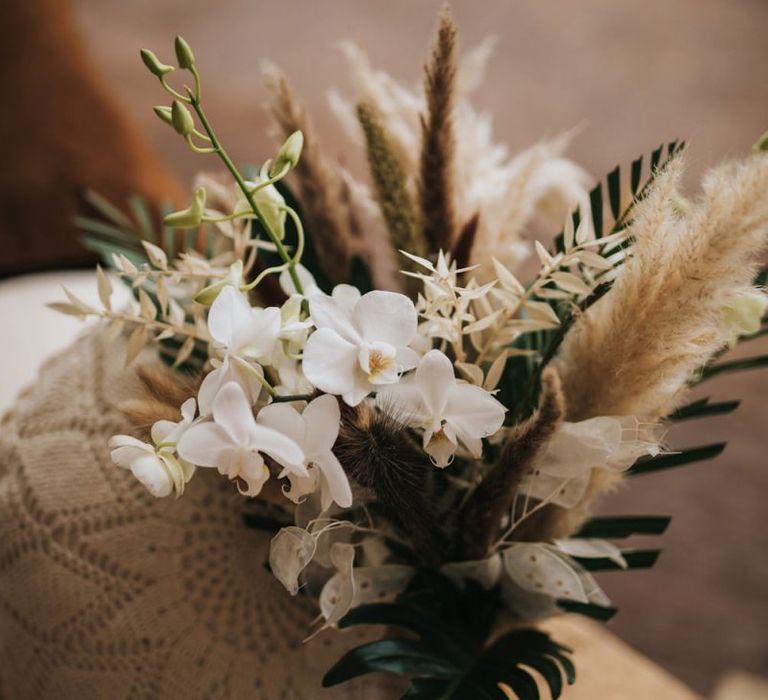 Wedding Bouquet with White Orchids and Pampas Grass