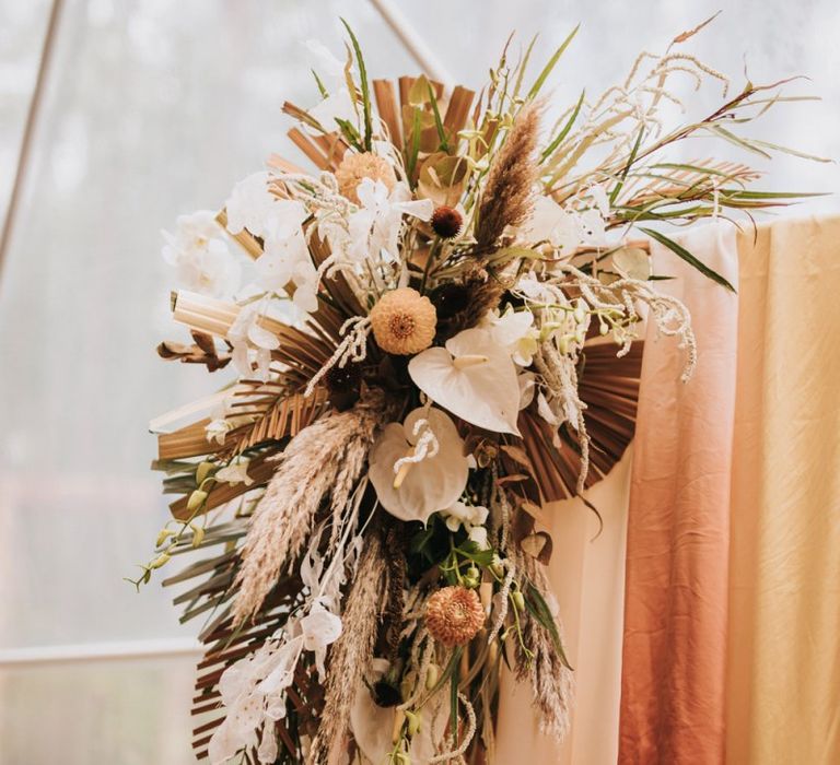 Boho Wedding Flowers with Dried Palm Leaves, White Anthurium's and Pampas Grass