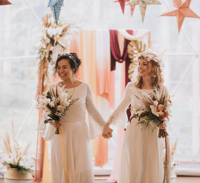 Happy Bohemian Brides at Their Geometric Dome Wedding