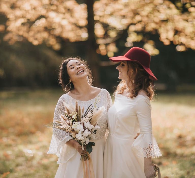 Lesbian Wedding in Woodland Setting with Geometric Dome Venue