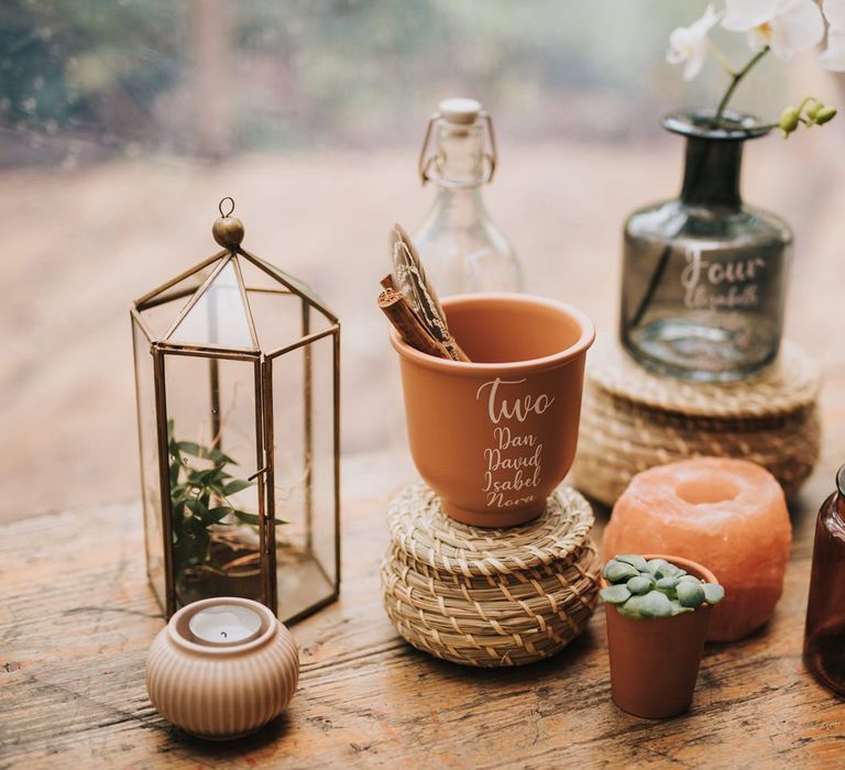 Bohemian Wedding Decor with Terrariums and small wicker pots in Geometric Dome