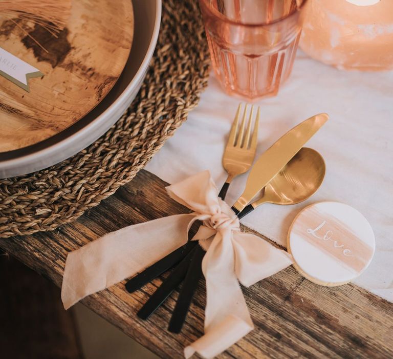 Gold Cutlery Tied with Ribbon and Biscuit Wedding Favour