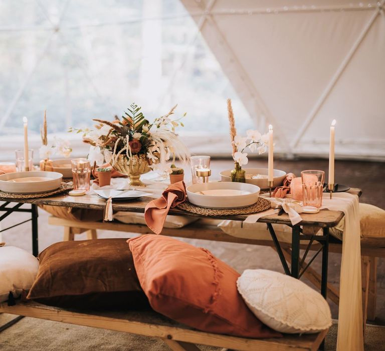 Boho Table Decor with Cushions and Candlelight in Geometric Dome