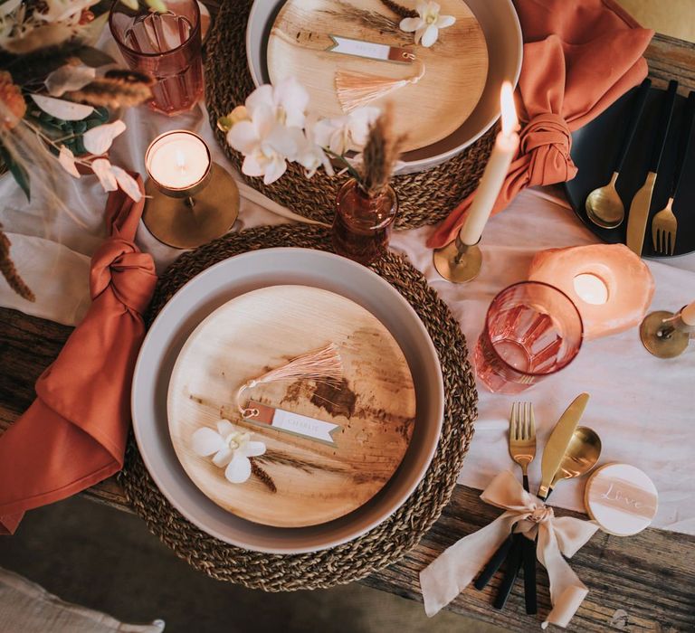 Boho Place Setting with Wicker Mat, Wooden Plates and Tassel Name Tag