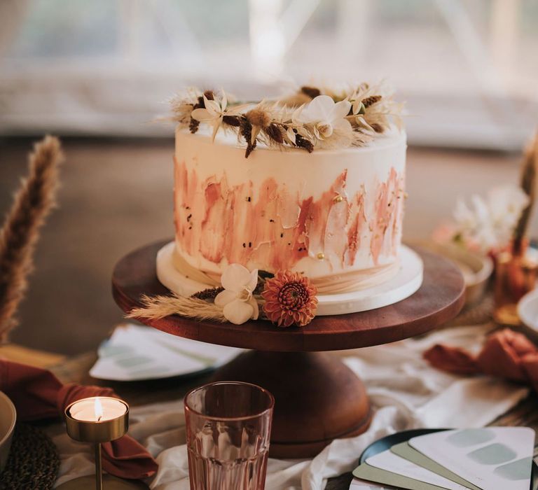 Dried Flower Halo Cake Topper on Rustic Wedding Cake in Geometric Dome