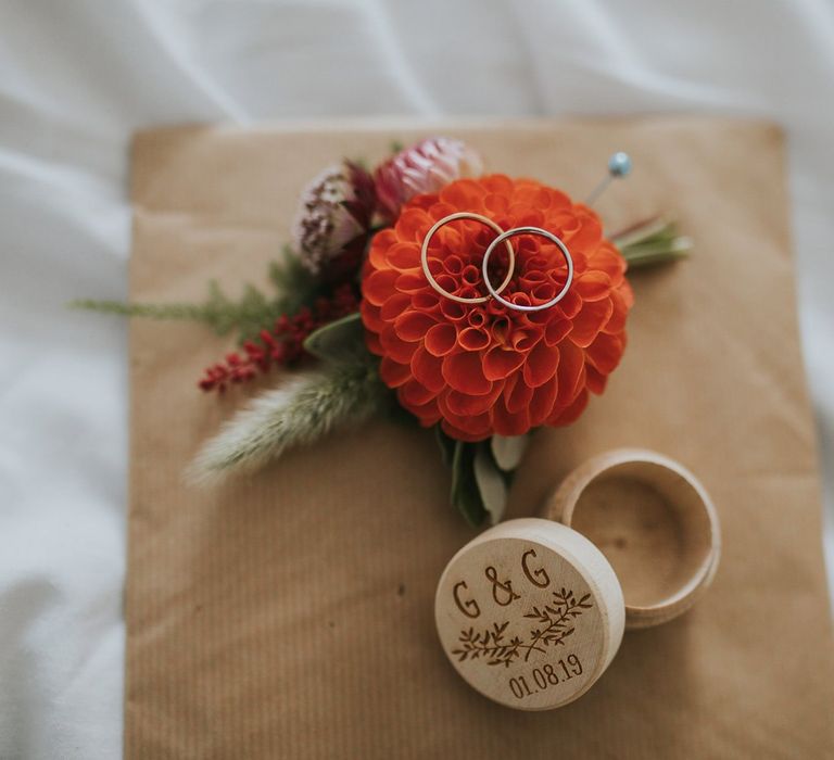 Orange Dhalia Buttonhole with Wooden Ring box